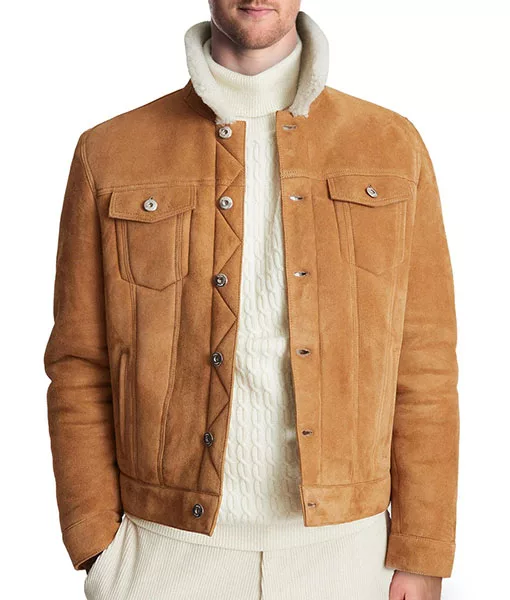 Men Tan Brown Sherpa Trucker Jacket