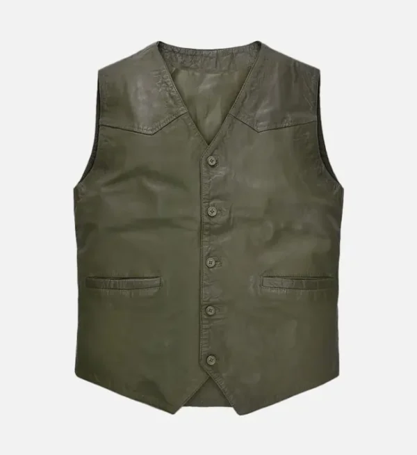 Men Green Wax And Washed Leather Vest