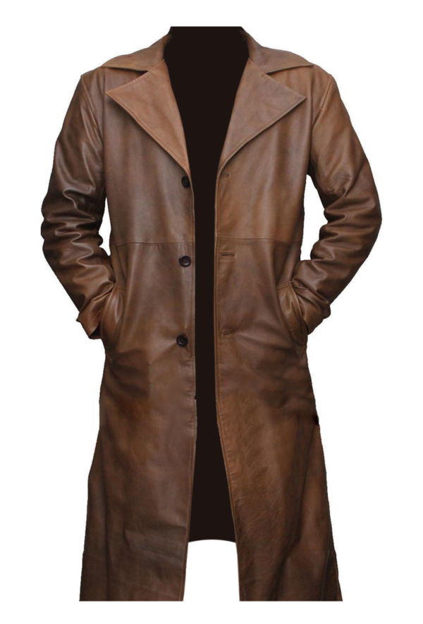 Men Waxed Brown Leather Trench Coat