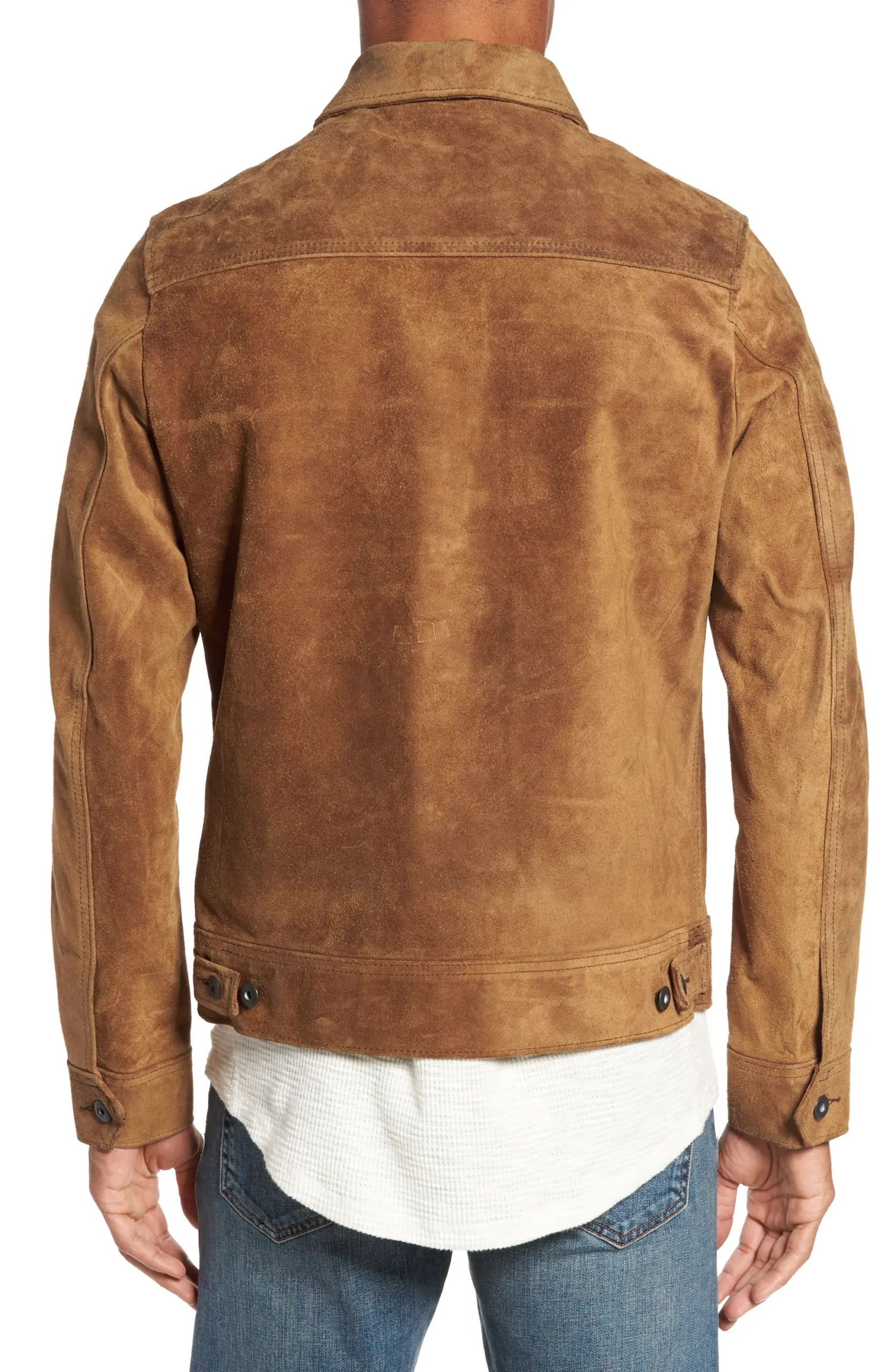 Men Cowhide Rough Out Leather Trucker Jacket