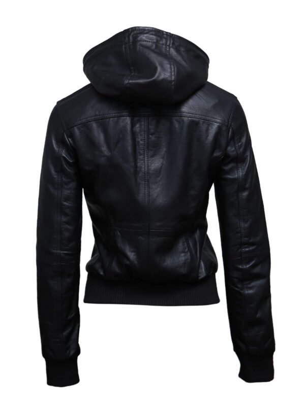 Women Black hooded leather bomber jacket