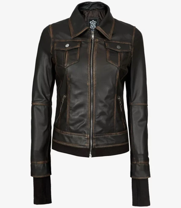 Women Dark Brown Hooded Leather Bomber Jacket