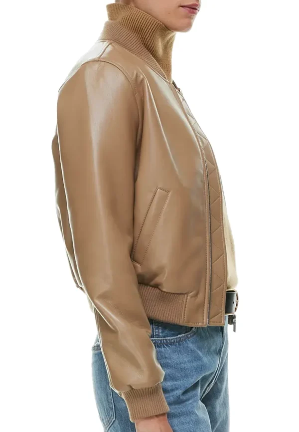 Women Camel Bomber Faux Leather Jacket