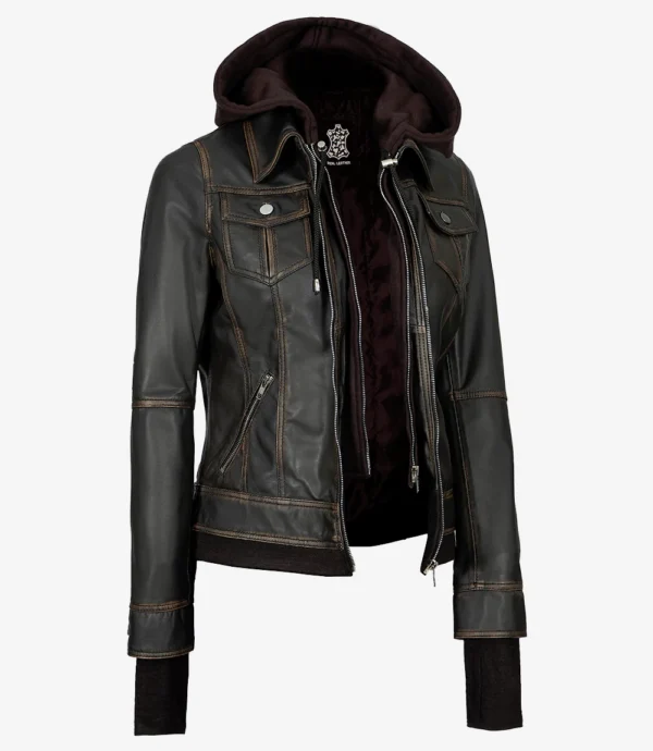 Women Dark Brown Hooded Leather Bomber Jacket