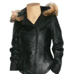 Women Black Real Faux Fur Hoodie Leather Jacket