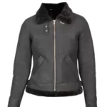Women Black Shearling B3 Leather Bomber Grey Jacket