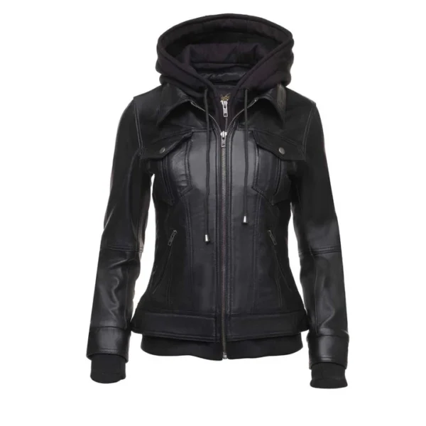 Women Black Leather Fleece Hoodie Jacket