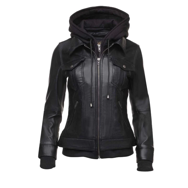 Women Black Leather Fleece Hoodie Jacket