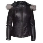 Women Fur Trim Black Leather Hoodie Jacket