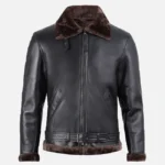 Men Black Shearling Leather Bomber Jacket