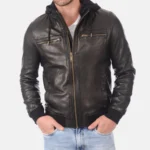 Mens B One Black Removable Hooded Leather Jacket