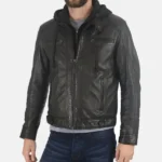 Men Jacobstowe Hooded Black Leather Jacket