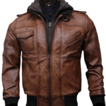 Mens Brown Hooded Bomber Leather Jacket