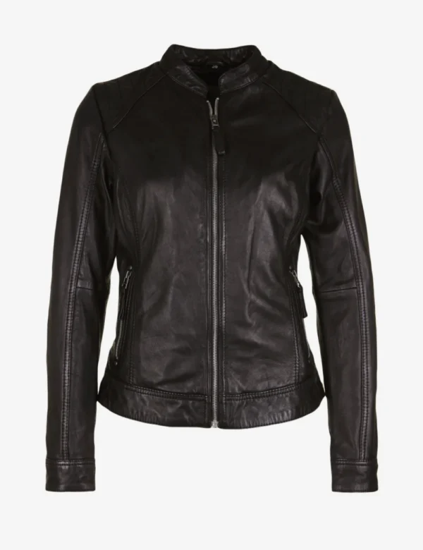 Women Sleek Black Leather Cafe Racer Jacket