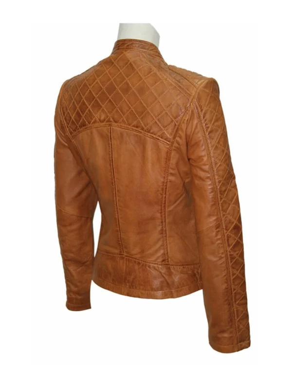 Women Slim Fit Brown Quilted Leather Jacket