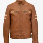 Men Tan Brown Cafe Racer Leather Jacket