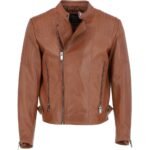Men Tan Leather Side Zip Biker Jacket