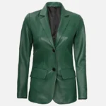Women Stylish Two Button Green Leather Blazer