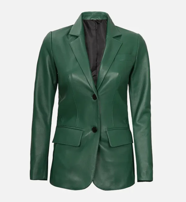 Women Stylish Two Button Green Leather Blazer