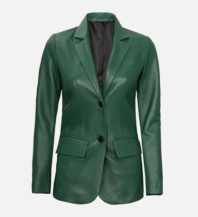 Women Stylish Two Button Green Leather Blazer
