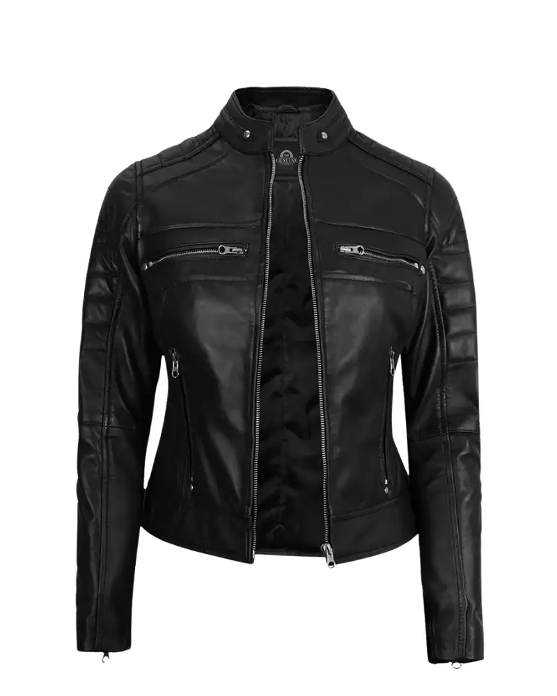 Women Black Cafe Racer Biker Leather Jacket
