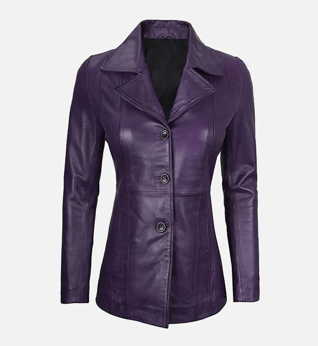 Women Real Leather Purple Three Button Blazer