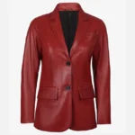 Women Two Button Red Leather Blazer