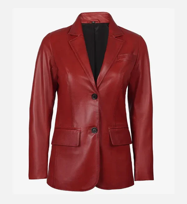 Women Two Button Red Leather Blazer