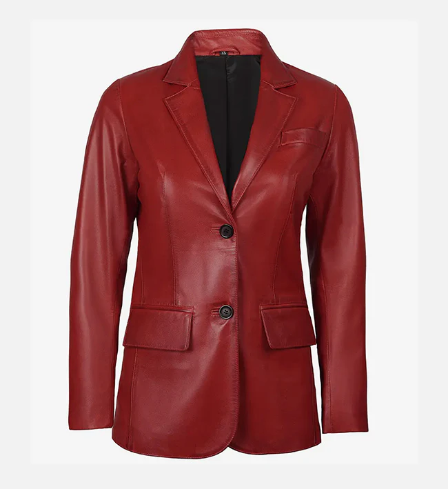 Women Two Button Red Leather Blazer