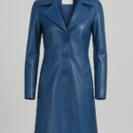 Women Blue Long Lenght Leather Coat