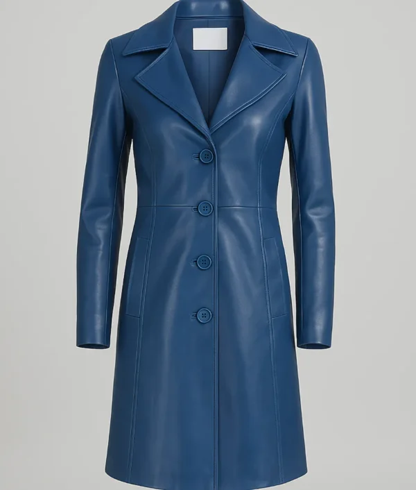 Women Blue Long Lenght Leather Coat