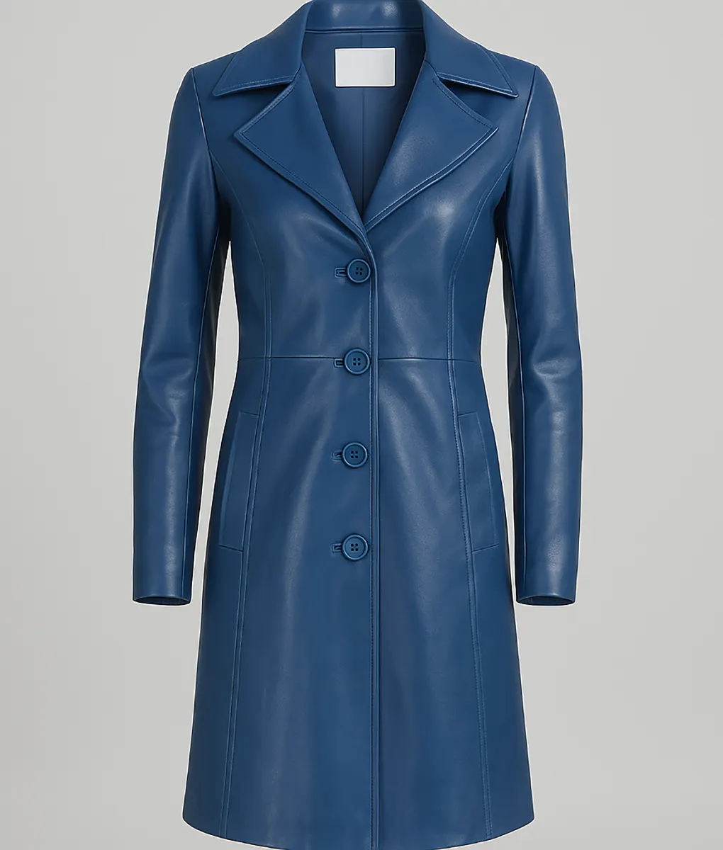 Women Blue Long Lenght Leather Coat