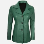 Women Green Leather Three Button Blazer