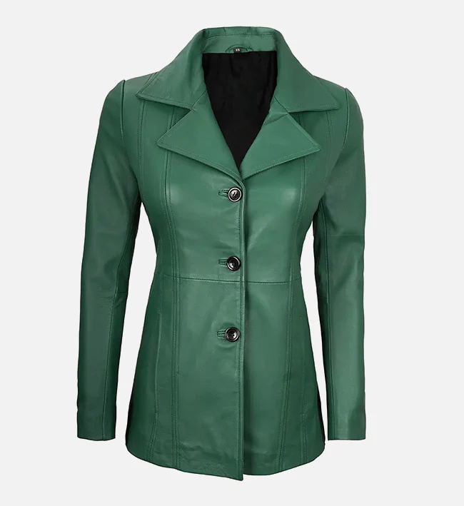 Women Green Leather Three Button Blazer