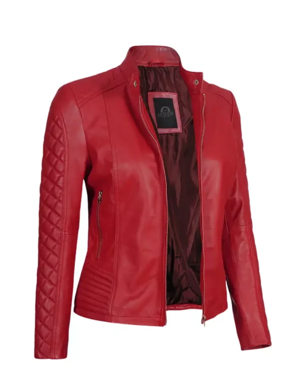 Women Red Quilted Cafe Racer Jacket