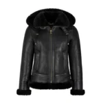 Womens B3 Bomber Hooded Black Shearling Jacket