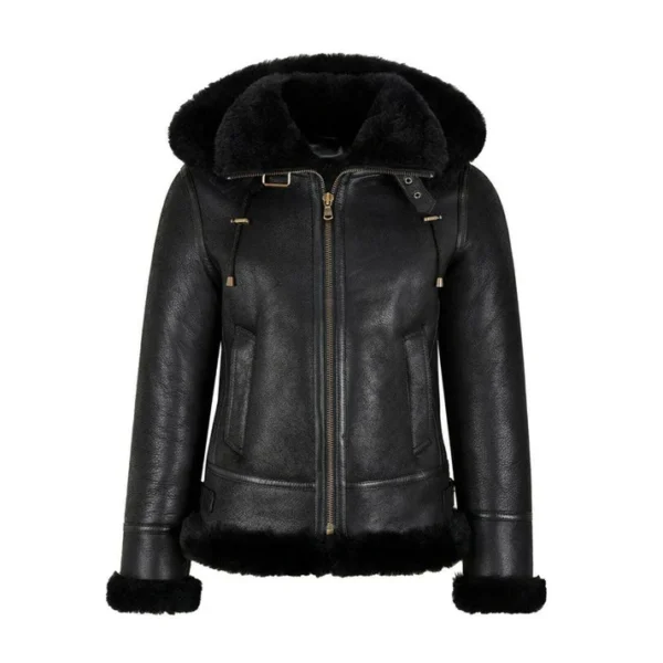 Womens B3 Bomber Hooded Black Shearling Jacket