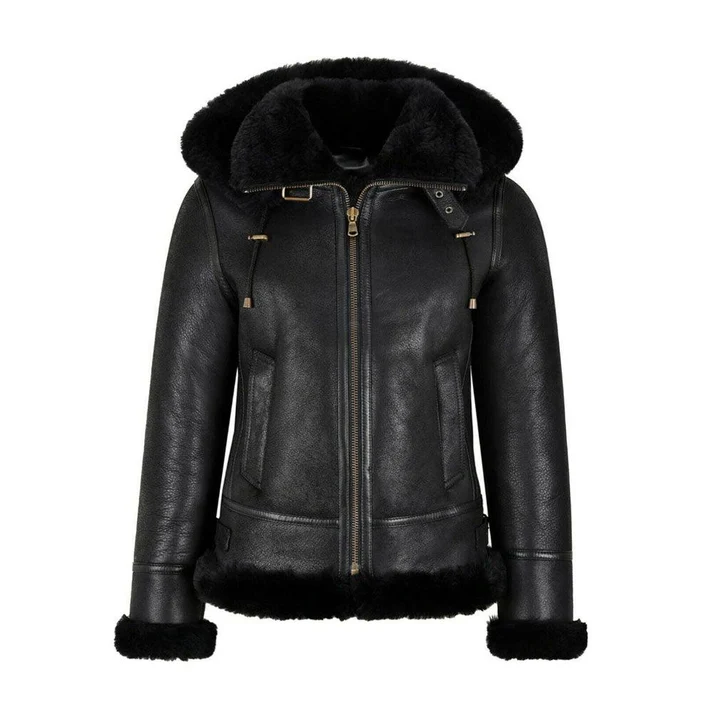 Womens B3 Bomber Hooded Black Shearling Jacket