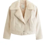 Women Off White Faux Shearling Leather Jacket