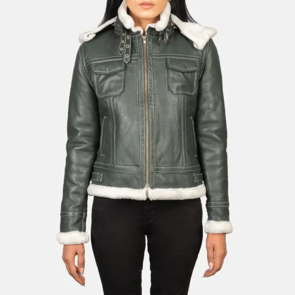 Women Fiona Green Hooded Shearling Leather Jacket