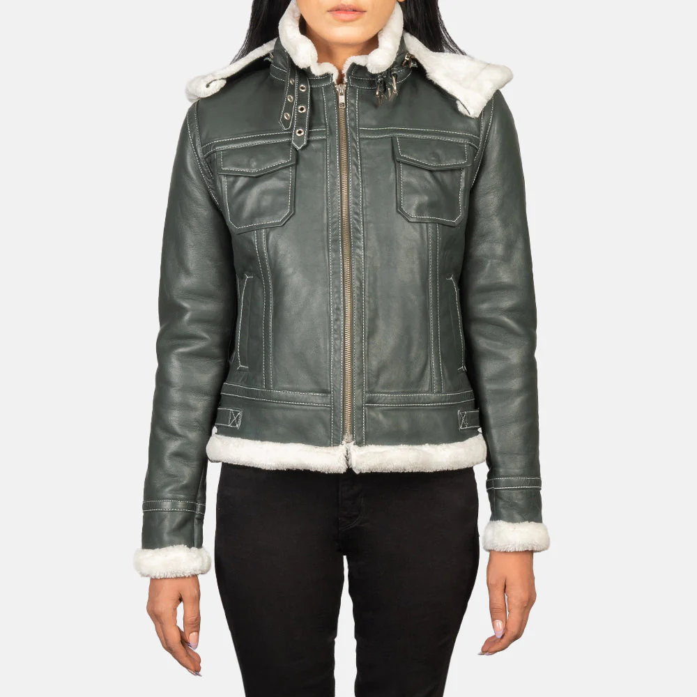 Women Fiona Green Hooded Shearling Leather Jacket