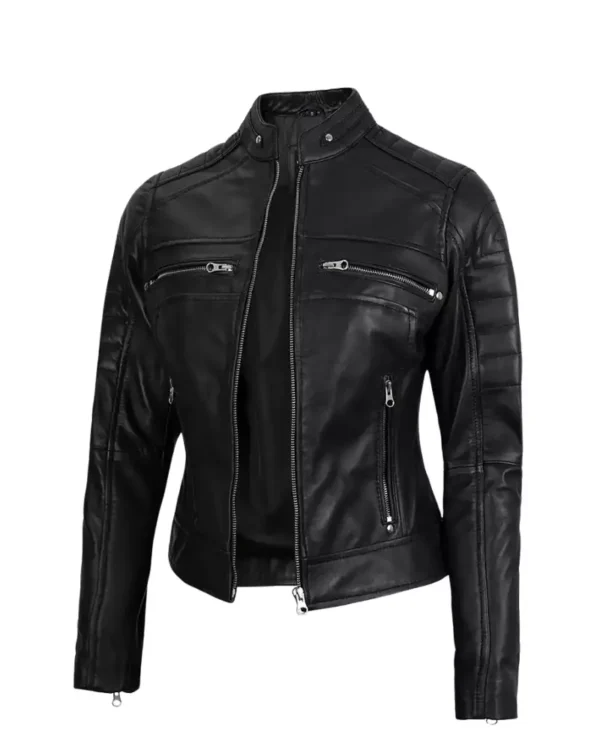 Women Black Cafe Racer Biker Leather Jacket