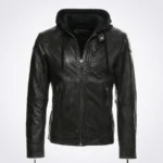 Men Black Removable Hooded Leather Moto Jacket
