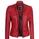 Women Red Quilted Cafe Racer Jacket