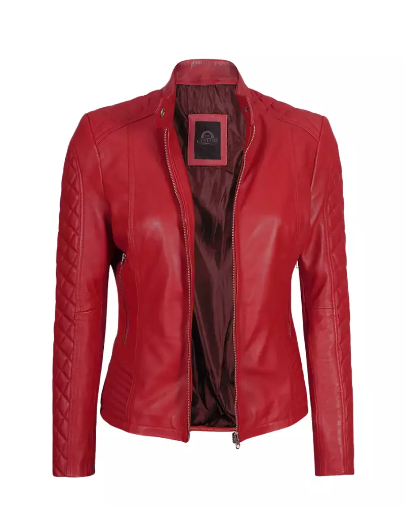 Women Red Quilted Cafe Racer Jacket