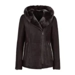 Women Dark Brown Hooded Fur Shearling long Jacket