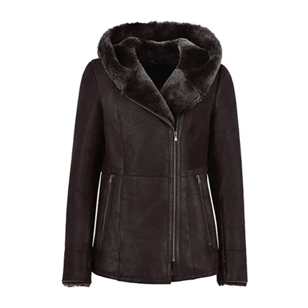 Women Dark Brown Hooded Fur Shearling long Jacket