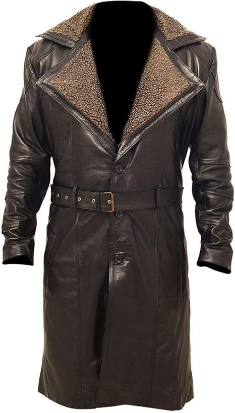 Mens German Belted Brown Real Leather Duster Coat