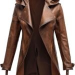 Mens Brown Hooded Sheepskin Leather Duster Coat