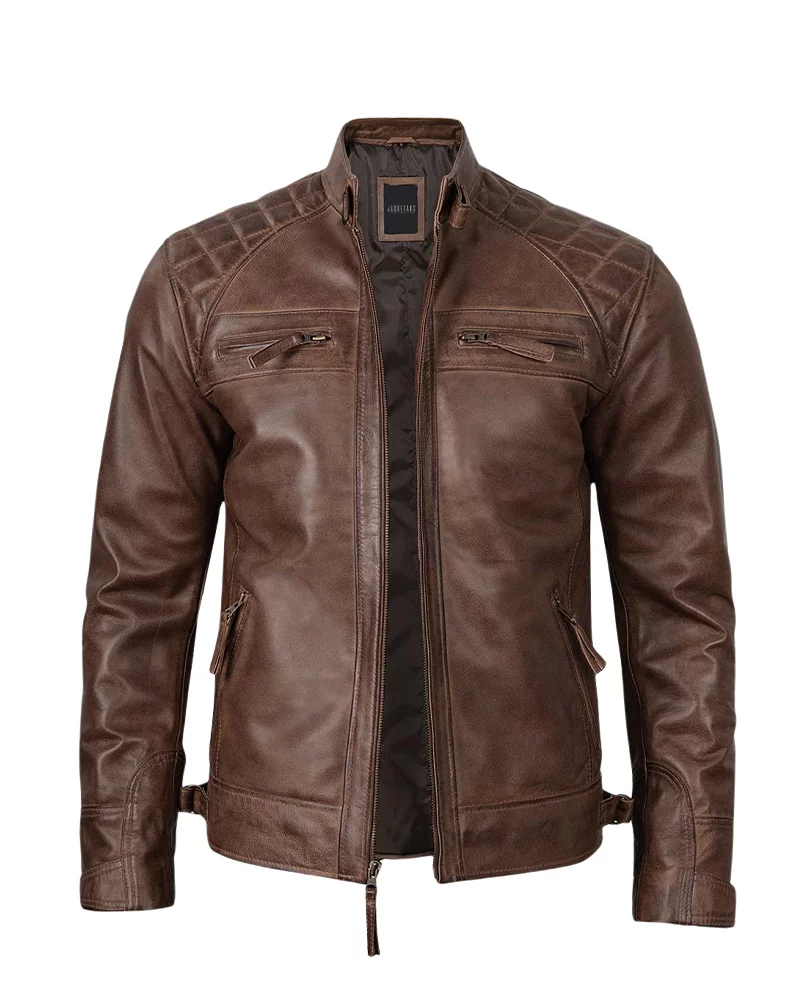 Men Coffee Brown Biker Leather Quilted Jacket